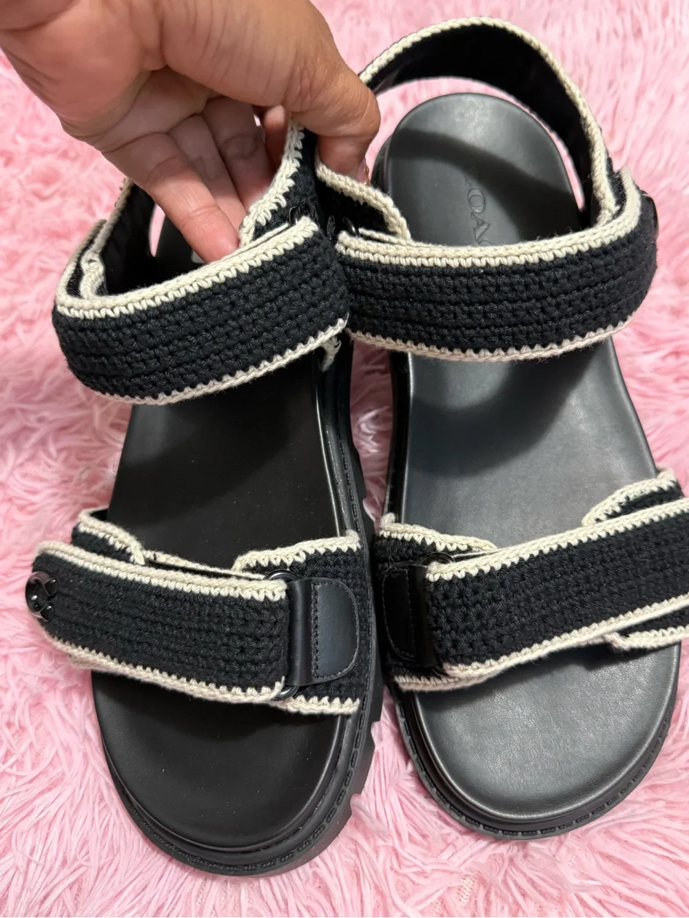 Coach Black Sandals with Cream Crochet Trim